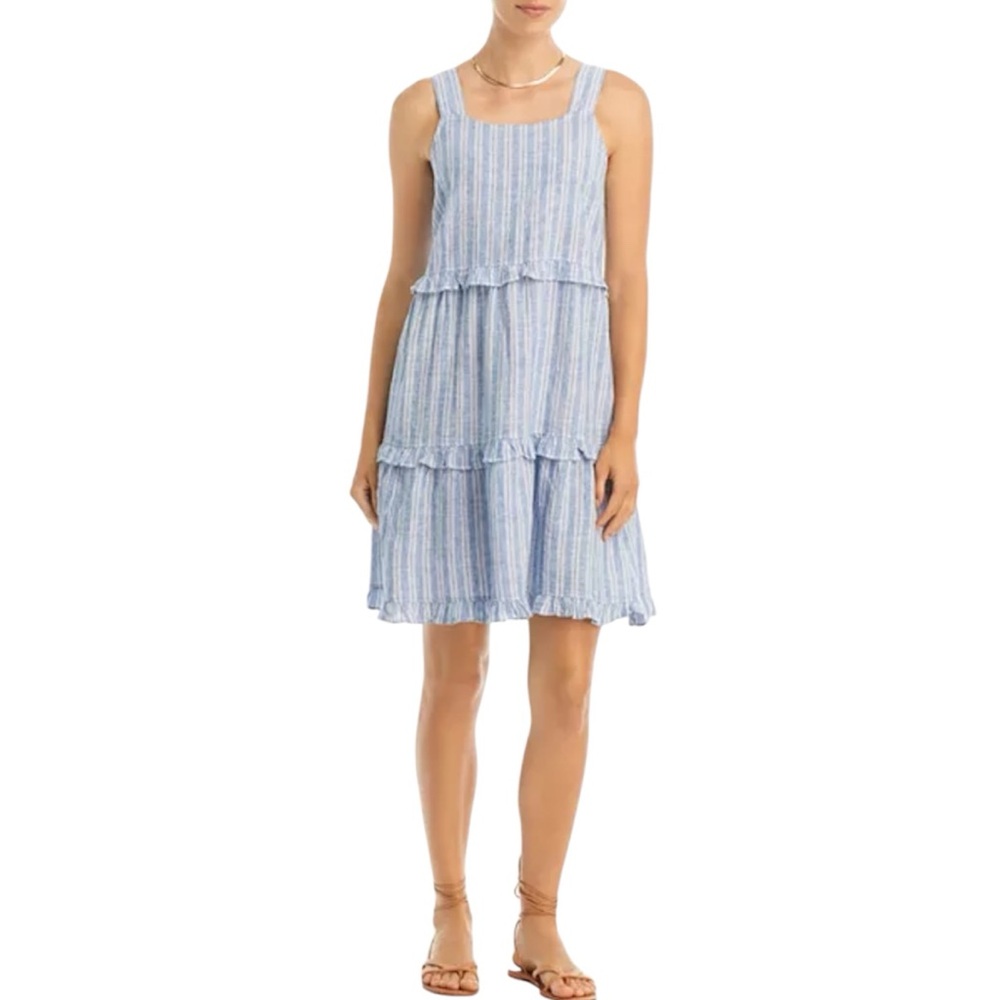 Beach Lunch Lounge Lillian Tiered Linen & Cotton Striped Ruffle Dress Sz Medium